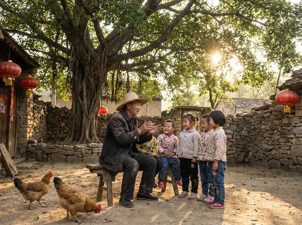 老人在大榕树下给孩子们讲故事 - 妄想山海怎么吞噬 乡村记忆
